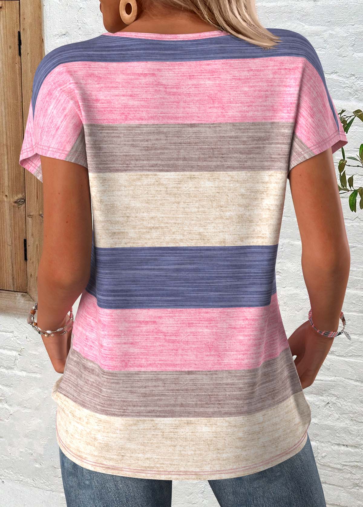 Multi Color tops,Striped tops,Geometric tops,ROTITA Striped Multi Color Round Neck Short Sleeve T Shirt