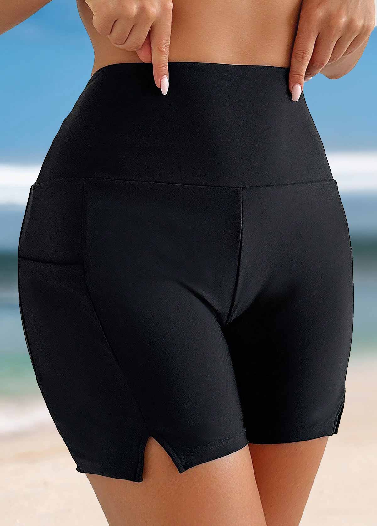 Black swimwear,Plain Color swimwear,ROTITA Black High Waisted Split Swim Shorts