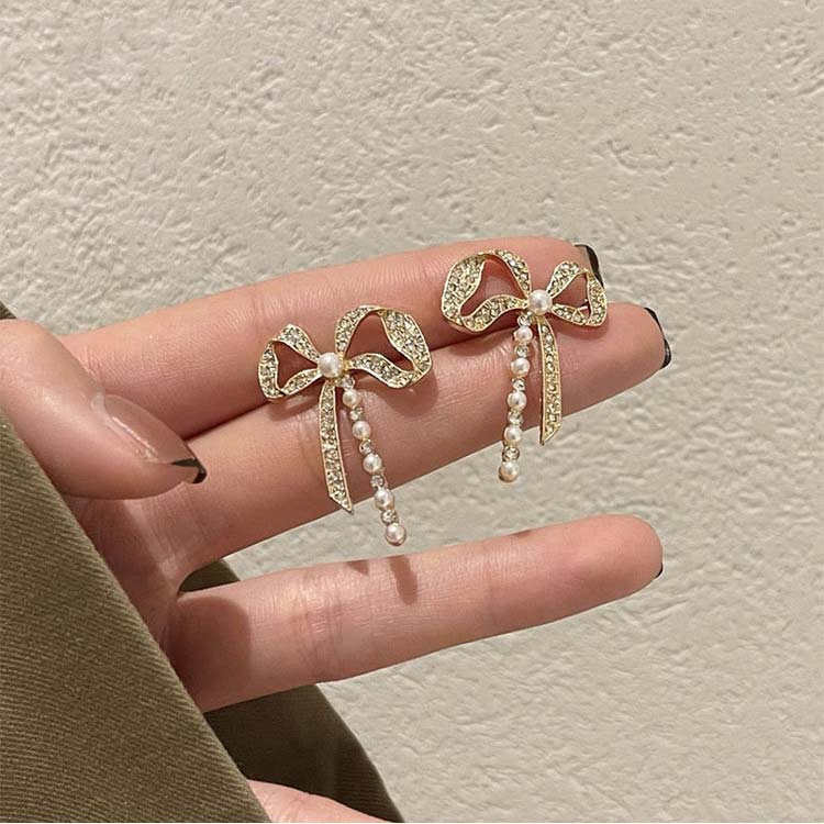 Golden jewelry,Golden Color Bow Alloy Detail Earrings