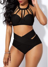 Black swimwear,Plain Color swimwear,ROTITA Cage Neck Cross Front High Waist Bikini Set