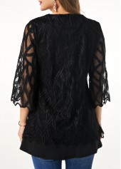 Black tops,Plain Color tops,ROTITA Patchwork Black Round Neck Fake Two Piece Twinset