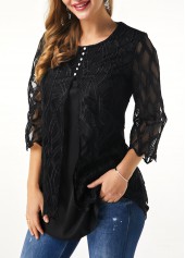 Black tops,Plain Color tops,ROTITA Patchwork Black Round Neck Fake Two Piece Twinset