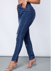 Denim Blue bottoms,Plain Color bottoms,ROTITA Shredded Acid Washed Slant Pocket Skinny Jeans