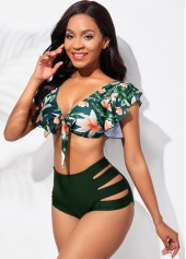 Green swimwear,Ditsy Floral swimwear,ROTITA Flounce Ladder Cutout Floral Print High Waisted Bikini Set