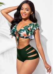 Green swimwear,Ditsy Floral swimwear,ROTITA Flounce Ladder Cutout Floral Print High Waisted Bikini Set