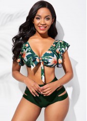 Green swimwear,Ditsy Floral swimwear,ROTITA Flounce Ladder Cutout Floral Print High Waisted Bikini Set