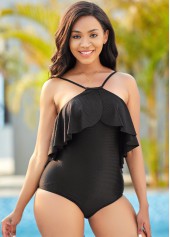 Black swimwear,Plain Color swimwear,ROTITA Ruffle Overlay Tie Back One Piece Swimwear