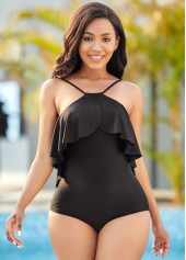 Black swimwear,Plain Color swimwear,ROTITA Ruffle Overlay Tie Back One Piece Swimwear