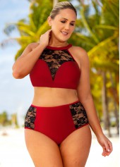Wine Red plus size,Contrast Color plus size,ROTITA Plus Size High Waisted Lace Stitching Bikini Set