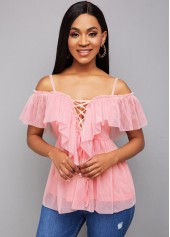 Pink tops,Plain Color tops,ROTITA Lace Up Strappy Cold Shoulder Blouse
