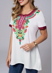 White tops,Tribal tops,ROTITA Round Neck Short Sleeve Tribal Print T Shirt