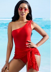 Coral swimwear,Plain Color swimwear,ROTITA Tie Front Lace Stitching One Piece Swimdress