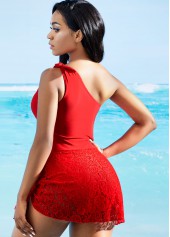 Coral swimwear,Plain Color swimwear,ROTITA Tie Front Lace Stitching One Piece Swimdress