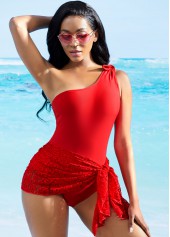 Coral swimwear,Plain Color swimwear,ROTITA Tie Front Lace Stitching One Piece Swimdress
