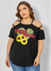Black plus size,Plants plus size,ROTITA Strappy Cold Shoulder Plus Size Sunflower Print T Shirt