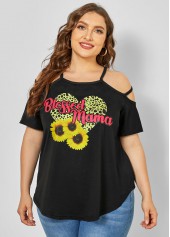 ROTITA Strappy Cold Shoulder Plus Size Sunflower Print T Shirt