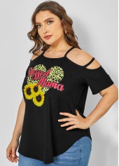 Black plus size,Plants plus size,ROTITA Strappy Cold Shoulder Plus Size Sunflower Print T Shirt
