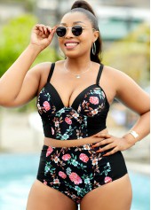 Black plus size,Floral plus size,Floral Print Plus Size High Waisted Bikini Set