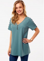 Green tops,Plain Color tops,ROTITA Button Green V Neck Short Sleeve Shirt