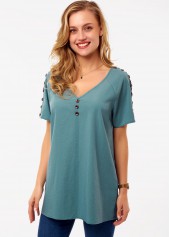 Green tops,Plain Color tops,ROTITA Button Green V Neck Short Sleeve Shirt