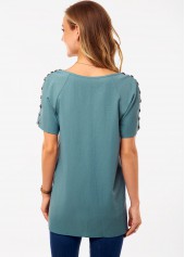Green tops,Plain Color tops,ROTITA Button Green V Neck Short Sleeve Shirt