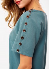 Green tops,Plain Color tops,ROTITA Button Green V Neck Short Sleeve Shirt