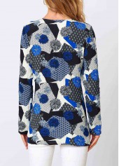 Blue tops,Floral tops,ROTITA Lace Floral Print Blue V Neck Long Sleeve Shirt