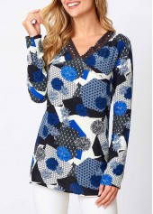 Blue tops,Floral tops,ROTITA Lace Floral Print Blue V Neck Long Sleeve Shirt