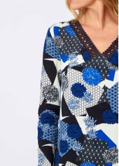 Blue tops,Floral tops,ROTITA Lace Floral Print Blue V Neck Long Sleeve Shirt