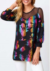 Multi Color tops,Rainbow Color tops,Floral tops,ROTITA Colorful Fishnet Panel Round Neck Sweatshirt