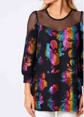 Multi Color tops,Rainbow Color tops,Floral tops,ROTITA Colorful Fishnet Panel Round Neck Sweatshirt