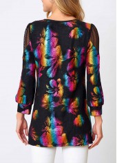 Multi Color tops,Rainbow Color tops,Floral tops,ROTITA Colorful Fishnet Panel Round Neck Sweatshirt