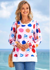 Pink tops,Dot tops,ROTITA Polka Dot Rainbow Color Long Sleeve T Shirt