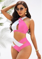 Pink swimwear,Contrast Color swimwear,ROTITA Contrast Cross Halter High Waist Bikini Set