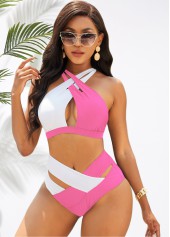 Pink swimwear,Contrast Color swimwear,ROTITA Contrast Cross Halter High Waist Bikini Set