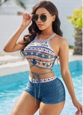 Blue swimwear,Tribal swimwear,ROTITA Tribal Print High Waist Tie Front Bikini Set