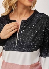 Black tops,Contrast Color tops,Long Sleeve Contrast Quarter Zip T Shirt