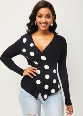 Multi Color tops,Dot tops,ROTITA Polka Dot Cross Front Long Sleeve Sweater
