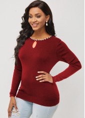 Wine Red tops,Plain Color tops,ROTITA Pearl Detail Wine Red Keyhole Neckline Sweater