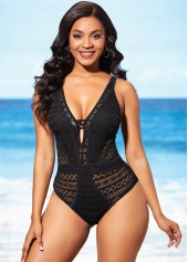 ROTITA Hollow Design Black Tie Back One Piece Swimwear