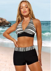 Black swimwear,Striped swimwear,ROTITA Halter Striped High Waisted Black Bikini Set