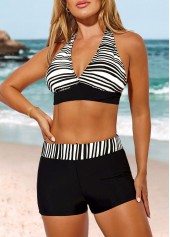 Black swimwear,Striped swimwear,ROTITA Halter Striped High Waisted Black Bikini Set
