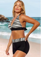 Black swimwear,Striped swimwear,ROTITA Halter Striped High Waisted Black Bikini Set