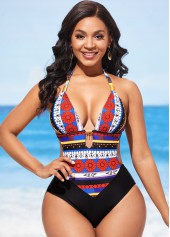 Multi Color swimwear,Tribal swimwear,ROTITA Tie Back Tribal Print Metal Pendant One Piece Swimwear