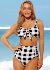 Multi Color swimwear,Plaid swimwear,ROTITA Tie Front Plaid High Waisted Bikini Set