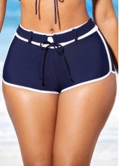 Contrast Color swimwear,ROTITA Navy Blue Drawstring Front Mid Waist Bikini Set