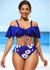 ROTITA Ensemble de bikini taille mi-haute bleu royal à volants à imprimé floral