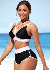 Black swimwear,Contrast Color swimwear,ROTITA High Waisted Contrast Black Bikini Set