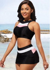 Black swimwear,Contrast Color swimwear,ROTITA Mid Waist Contrast Black Bikini Set