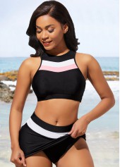Black swimwear,Contrast Color swimwear,ROTITA Mid Waist Contrast Black Bikini Set